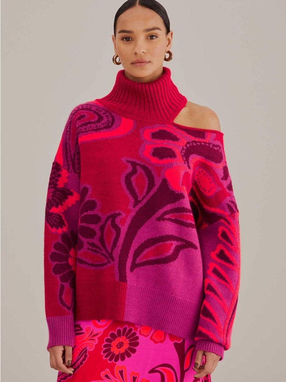 FARM Rio Pink and Magenta One-Shoulder Floral Turtleneck Sweater